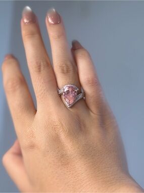 Pink Teardrop Halo Ring with Pavé Band - Women Jewelry
